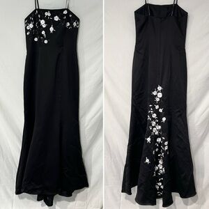 Black Formal Long Prom Dress Floral Embroidery Fairy Whimsigoth 90s Vintage Y2K